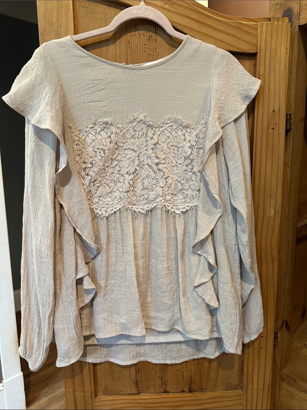 Love Cream Ruffle Lace-Front Long Sleeve Top